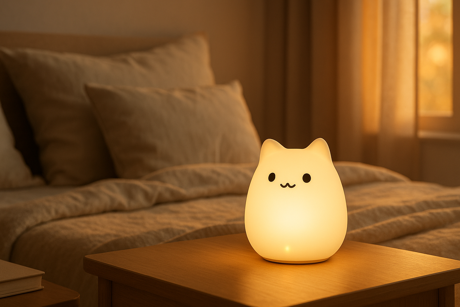 Cozy bedroom banner with cat night light